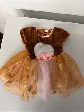 Girls Brown Faux Fur & Pink Gold Heart Tulle Dress